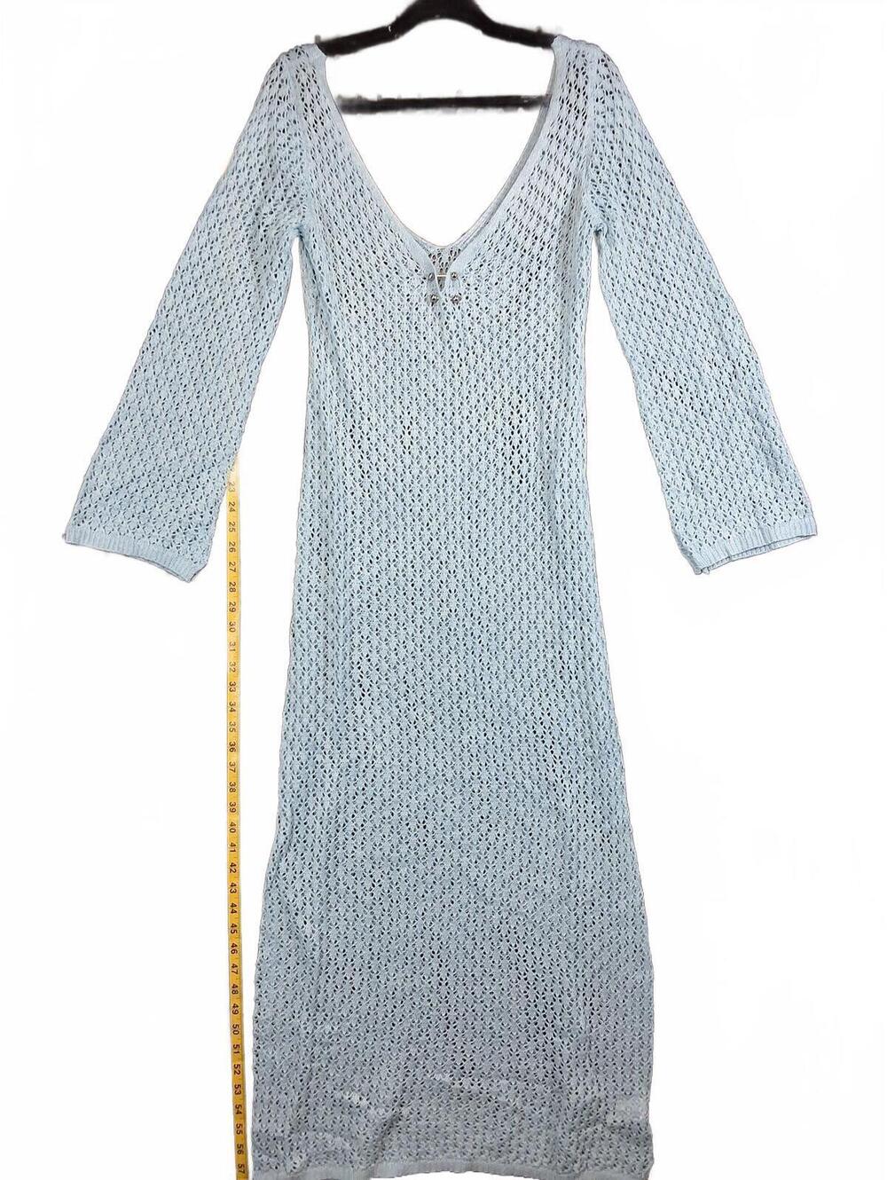 Elegant Light Blue Knit Maxi Dress with Button Detail Large